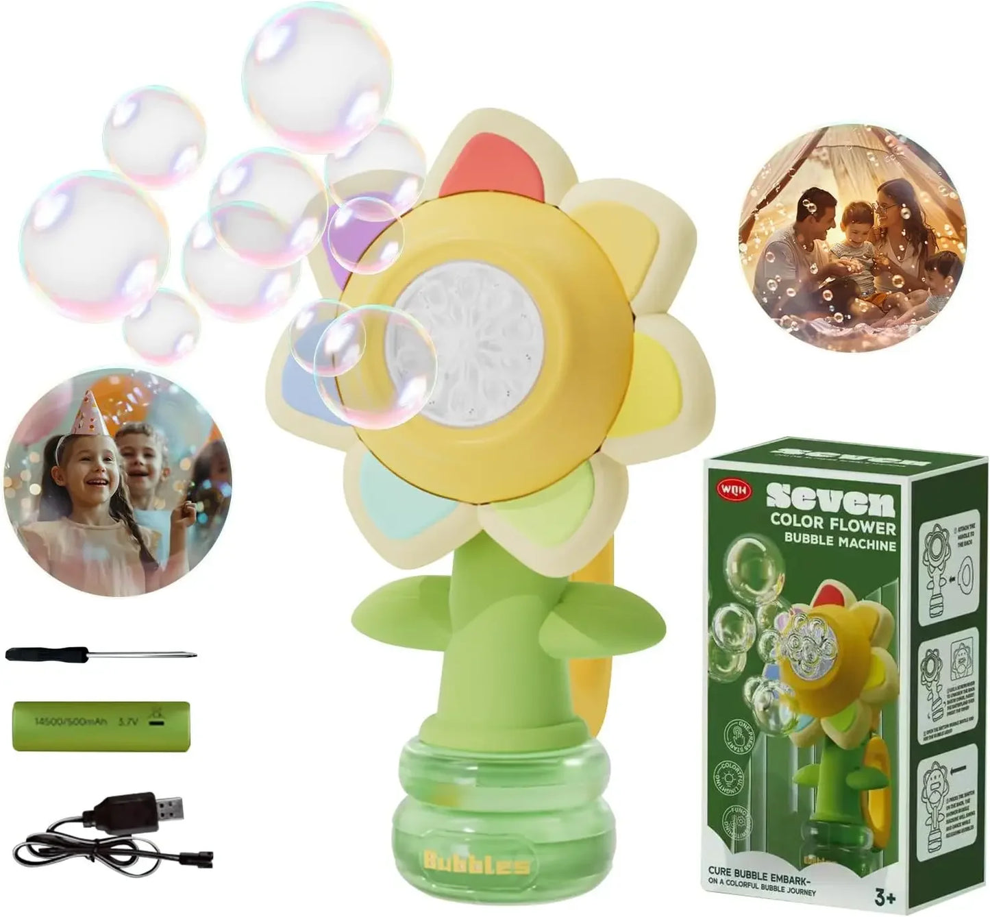 Sunflower Bubble Machine & Night Light – 3‑Mode Kids Bubble Toy